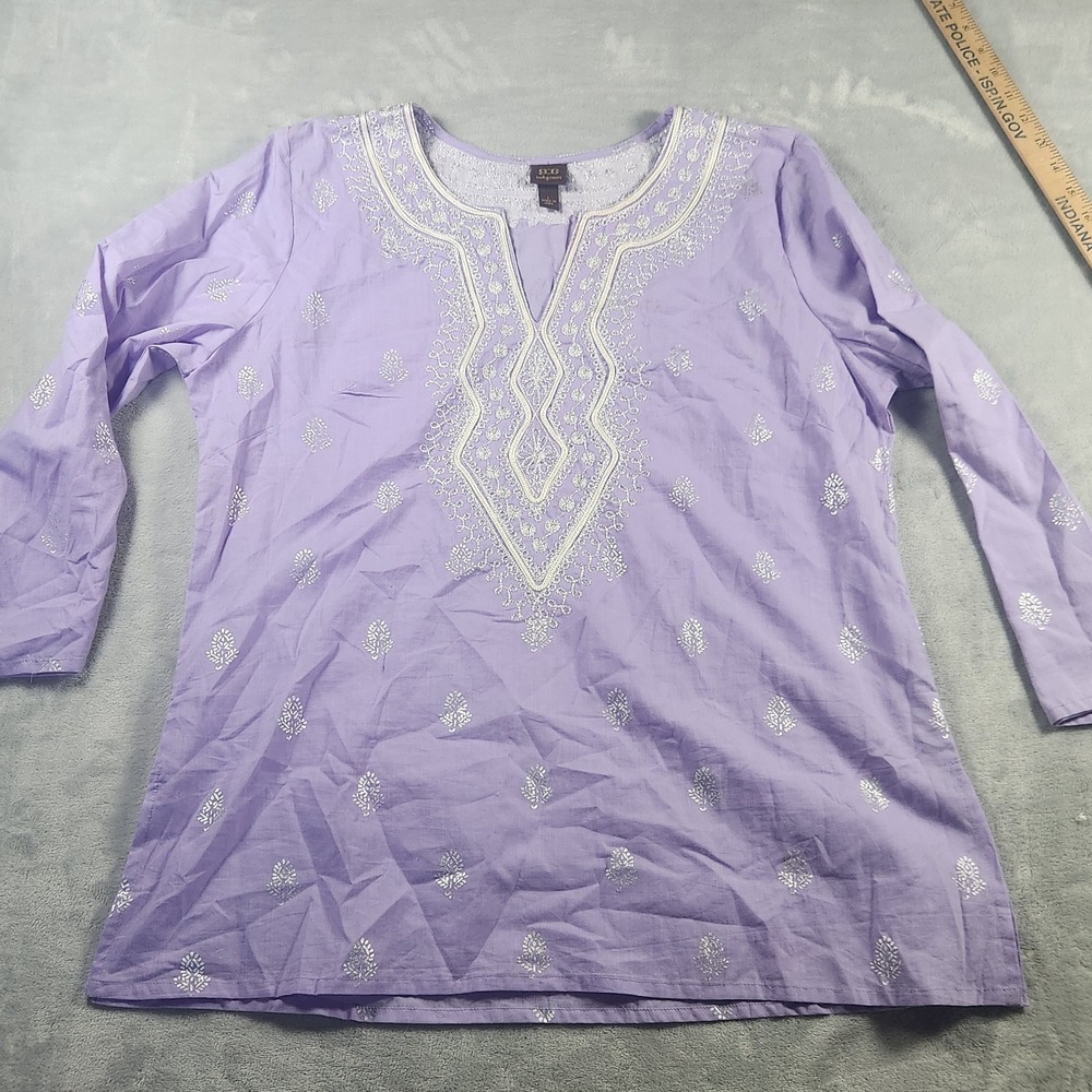 BOO GEMES Purple Ikat Cotton Long Sleeve ‎ Embroidered Cover-Up Tunic Top L